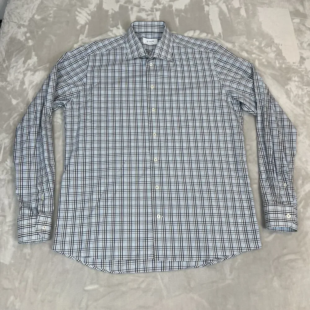 Eton Shirt‎ Mens 43 17 Blue Plaid Button Front Career Preppy Business Officewear